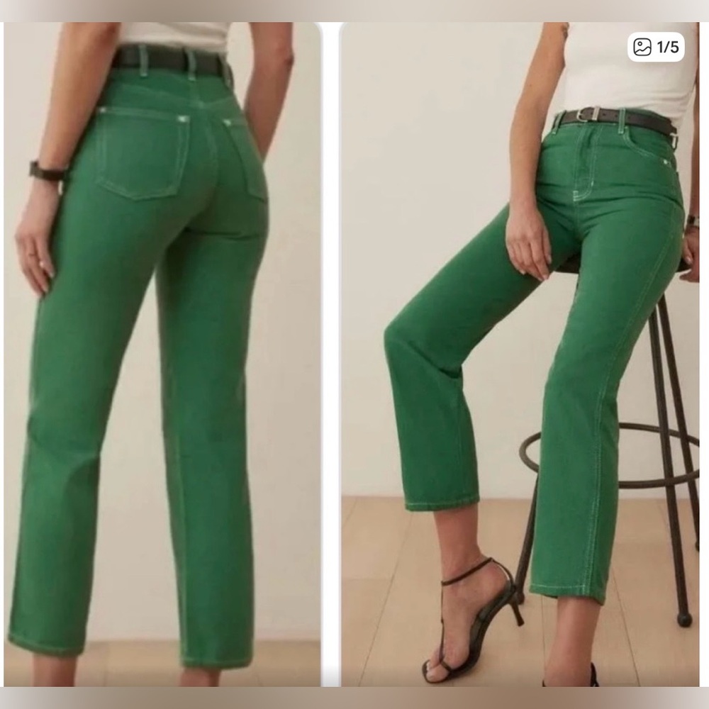 Reformation Green Cowboy High Rise Straight Jeans
